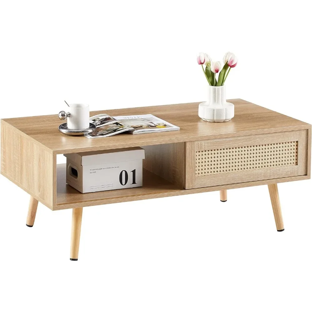 Table basse rectangulaire en bois massif avec porte marketpour le rangement, table basse moderne pour le salon, tables basses