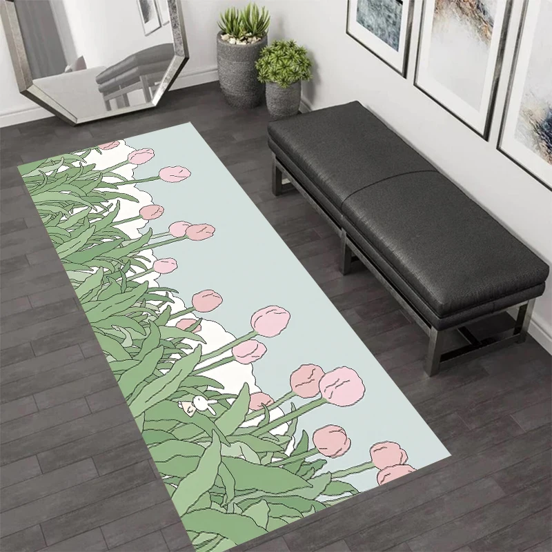 

Длинный коврик с голубым фоном, розовыми тюльпанами и милым цветочным узором, нескользящий, для гостиных и уютных помещений