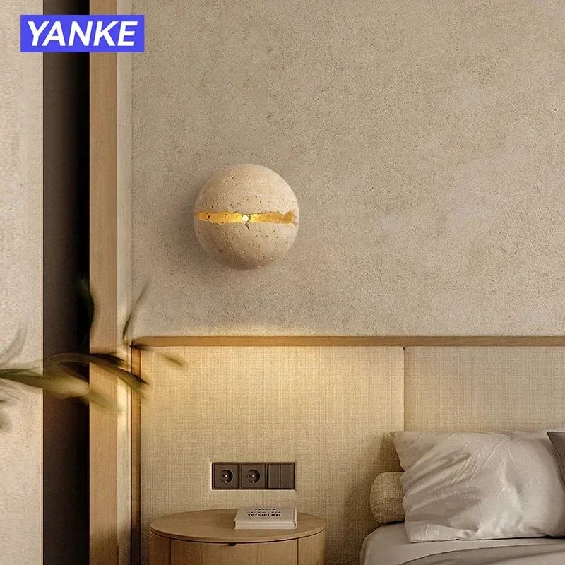 

Japanese Wabi-Sabi Round Yellow Travertine Stone Wall Lamp for Bedroom Bedside Lamp Hallway Villa Background Wall Decor Lighting