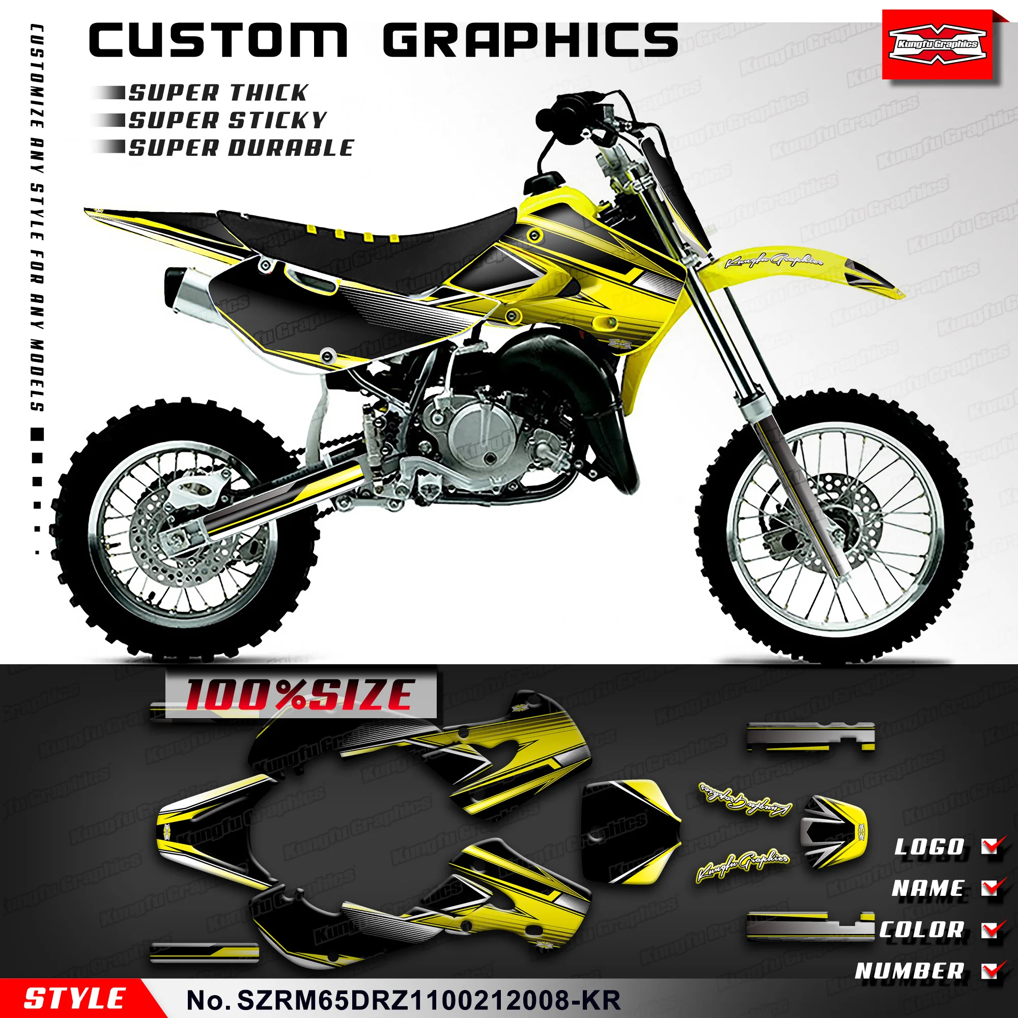 KUNGFU GRAPHICS MX Stickers Vinyl Graphics for Suzuki RM65 &DRZ110 02 03 04 05 06 07 08 09 10 11 12,Black,SZRM65DRZ1100212008-KR