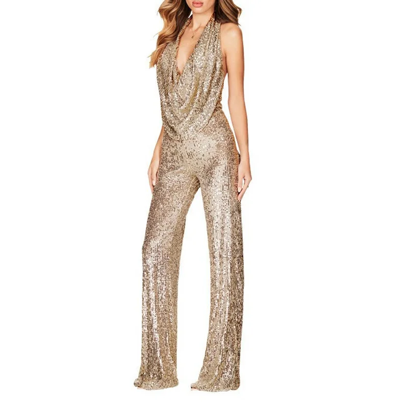 Women\'s Sexy Halter Cowl Neck Sparkly Jumpsuits Clubwear Sleeveless Elegant Sequins Bodycon Wide Leg Pants Rompers Pantalones