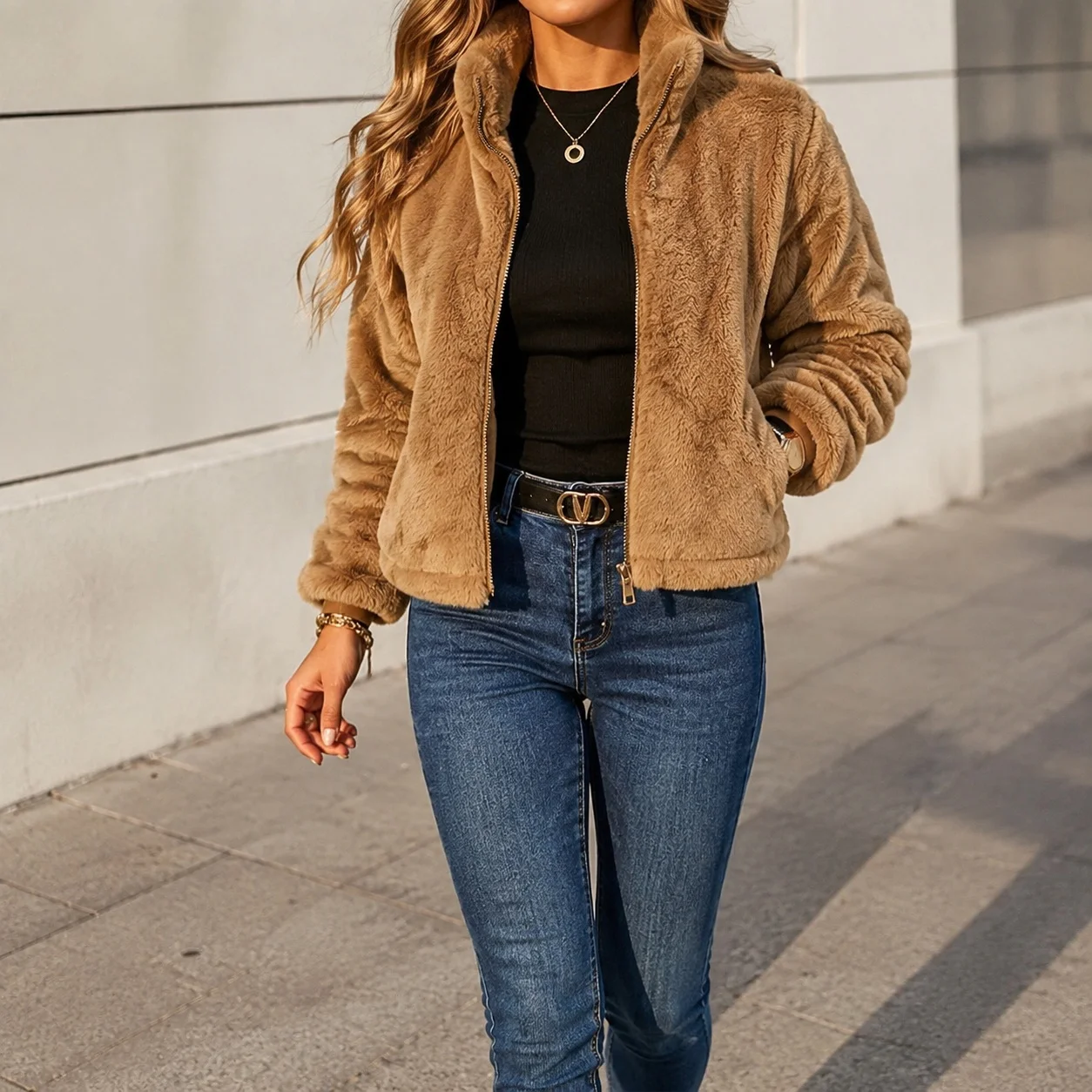 Zipper Closure Coat with Pockets Regular Length Commuter Style Loose Fit Lapel Collar Long Sleeve Sweet and Fresh Women Coat