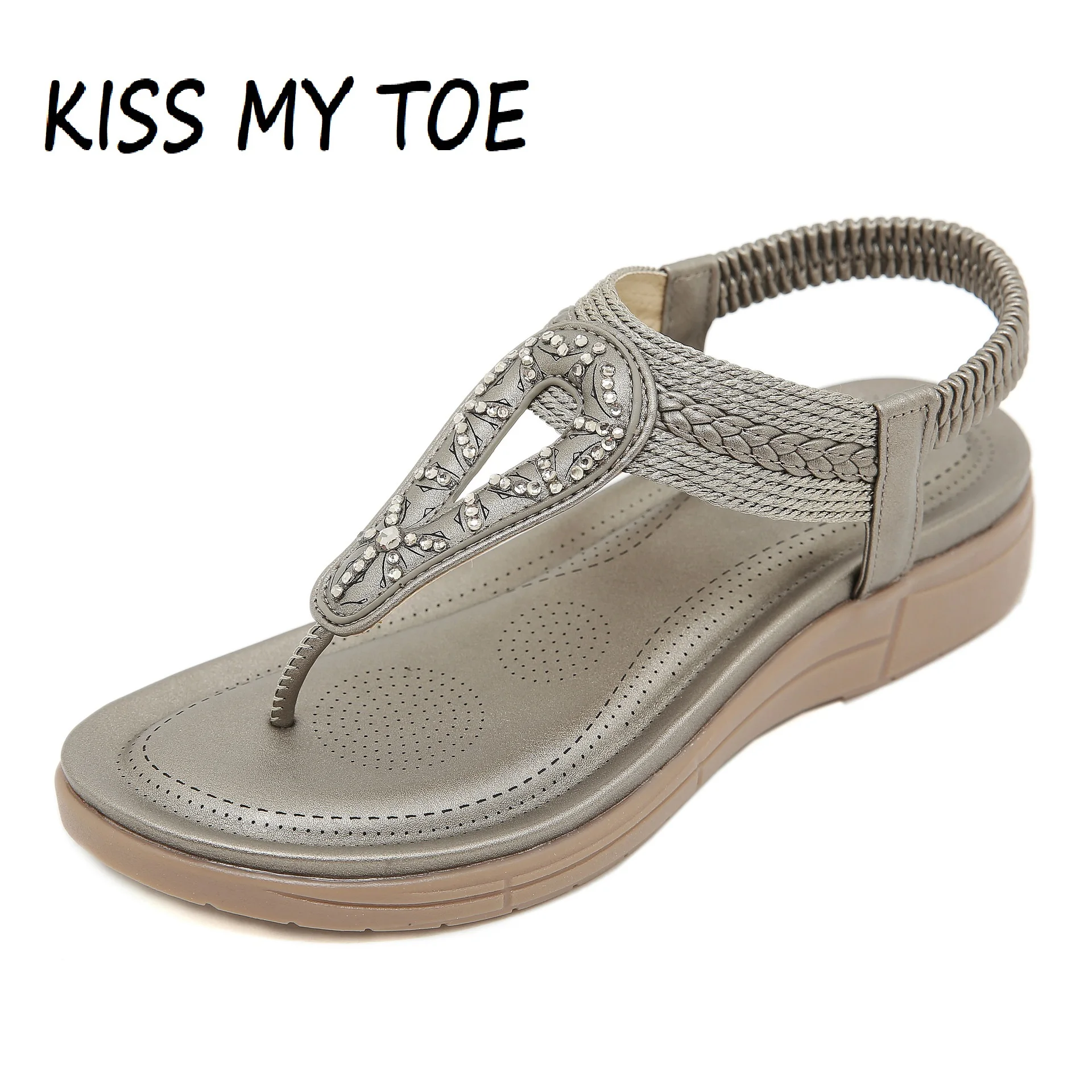 Women's Sandals Summer 2025 Casual Non-Slip Bling Diamond PU Bohemia Beach Hollow out Open Toe Shoes Woman Flats Heels Ladies