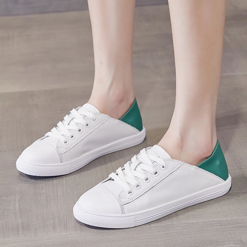 Two Ways Wear Contrast Green Heel Genuine Leather White Sneakers For Women 2026 Summer New Fold Down Collapsible Heel Lace Up - view 2