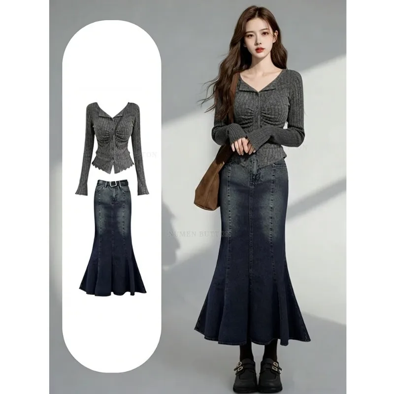 2026 Women's Autumn Winter New Fashion Knit Top+Cowboy Skirt Two Piece Set Korean Edition Elegant Sexy Denim Dress Matching Set