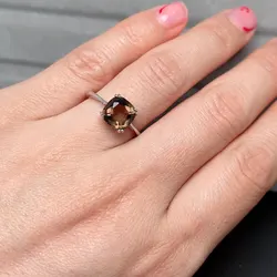 Natural Smoky Quartz Ring 8mm VVS Grade Quartz 925 Silve Rring with Gold Plating