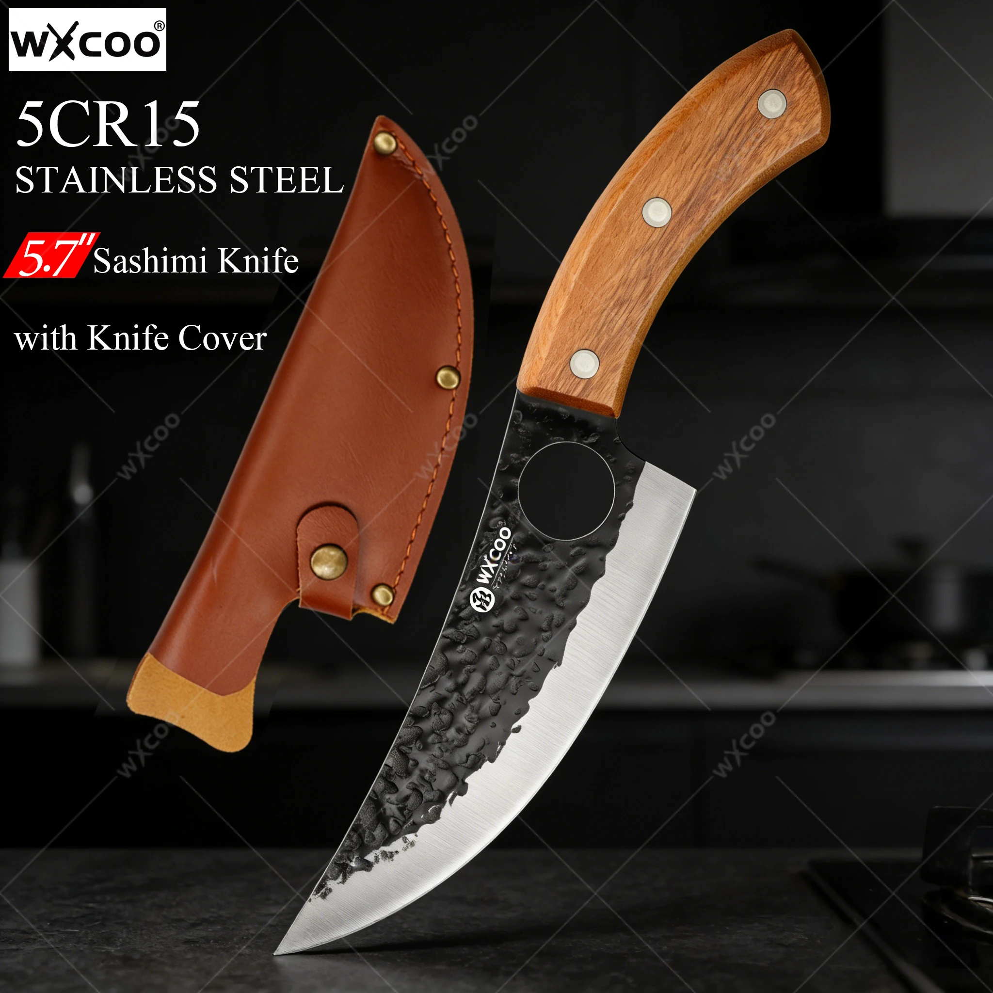 

Кованый нож WXCOO для разделки мяса с деревянной ручкой, из нержавеющей стали, цельнометаллический, профессиональный кухонный нож с чехлом