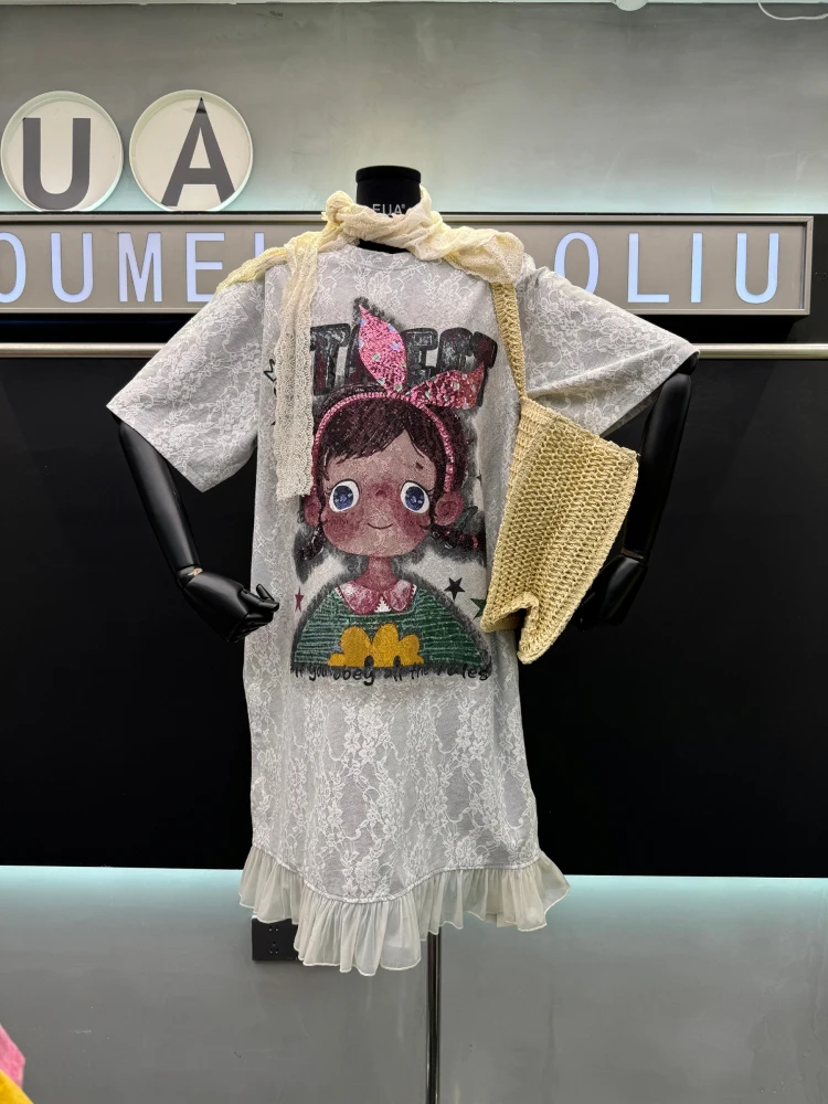 Zomer losse mode en dunne jurken modeontwerp met korte mouwen kant splitsen afdrukken T-shirt jurk blauwe kleur lange vestidos