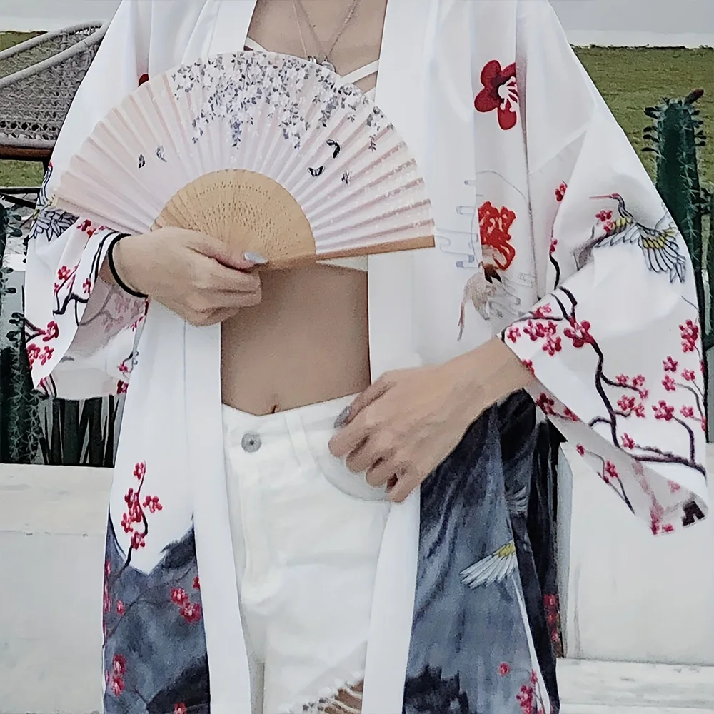 Kimono à motif de grue, cardigan à processus d'impression 3D, tissu de haute qualité, peau douce et confortable, mode estivale, nouveau, 2024