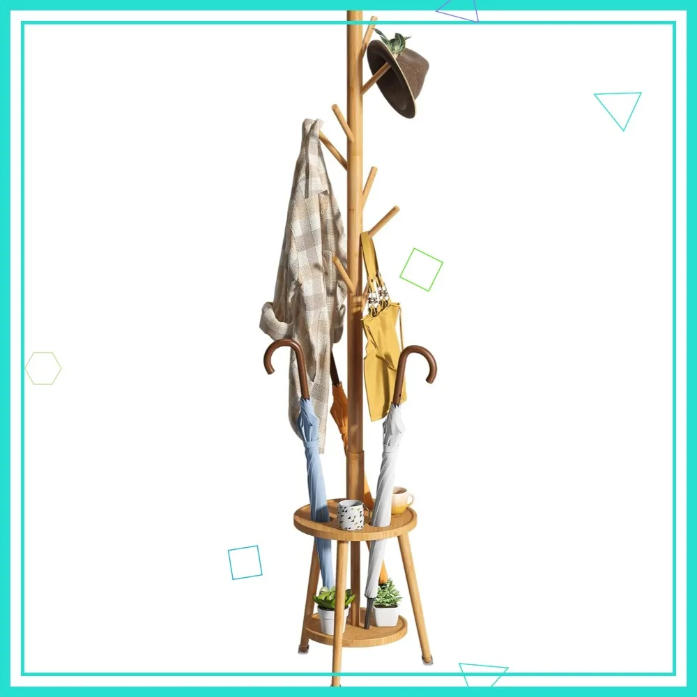 

Отдельно стоящая бамбуковая вешалка для одежды с 8 крючками и подносом для зонтов - компактный органайзер для прихожей для домашнего офиса