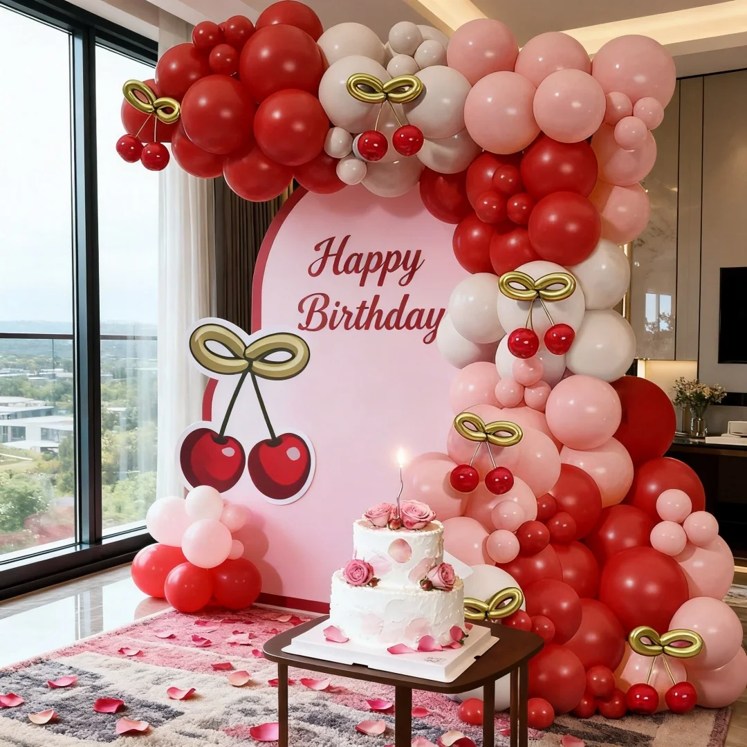 142 rote Kirschthemen-Luftballons mit Bogen-Design, inklusive stilvoller, dicker Latexballons in Rot, Pink und Weiß, ein Set