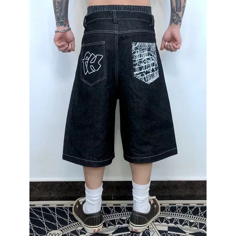 Embroidered denim shorts for men and women summer sports American retro loose wide leg skateboarding hip-hop cropped pants