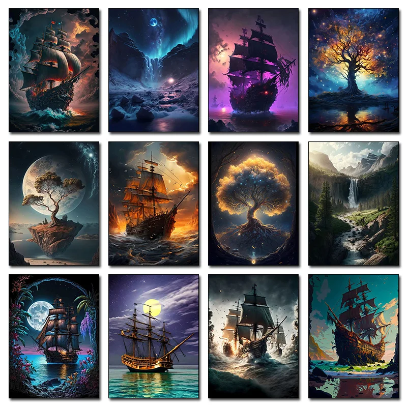 1pc frameless Canvas Painting 1pcs(No frame)Fantasy Pirate Ship Poster Canvas Painting Waterfall in Forest Nature Tree of Life W