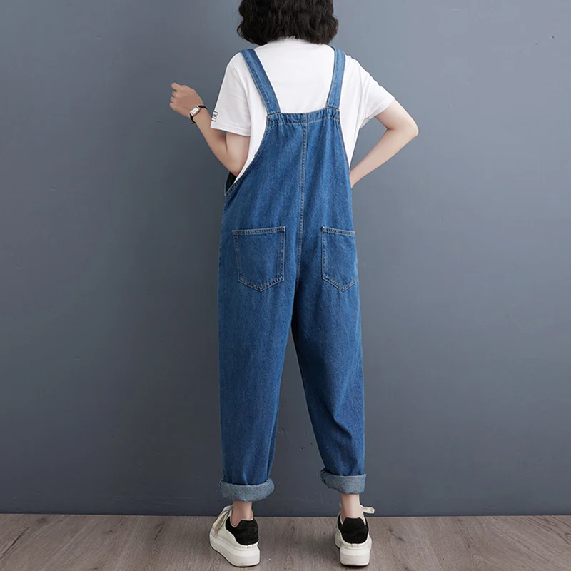 Autumn Big Size Denim Overalls For Women Casual Streetwear Blue Strap Jeans Jumpsuits Loose Wide Leg Suspender Baggy Cargo Pants