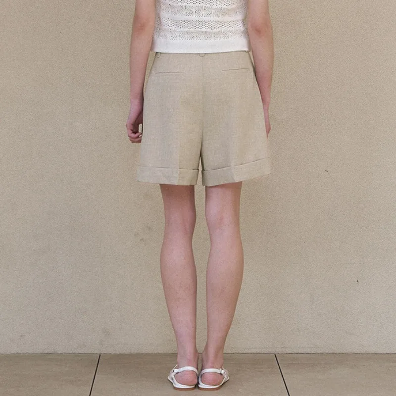 100% linnen shorts dames klassiek veelzijdig zomer nieuwe hoge taille dunne casual broek dubbele zijzakken wijde pijpen broek