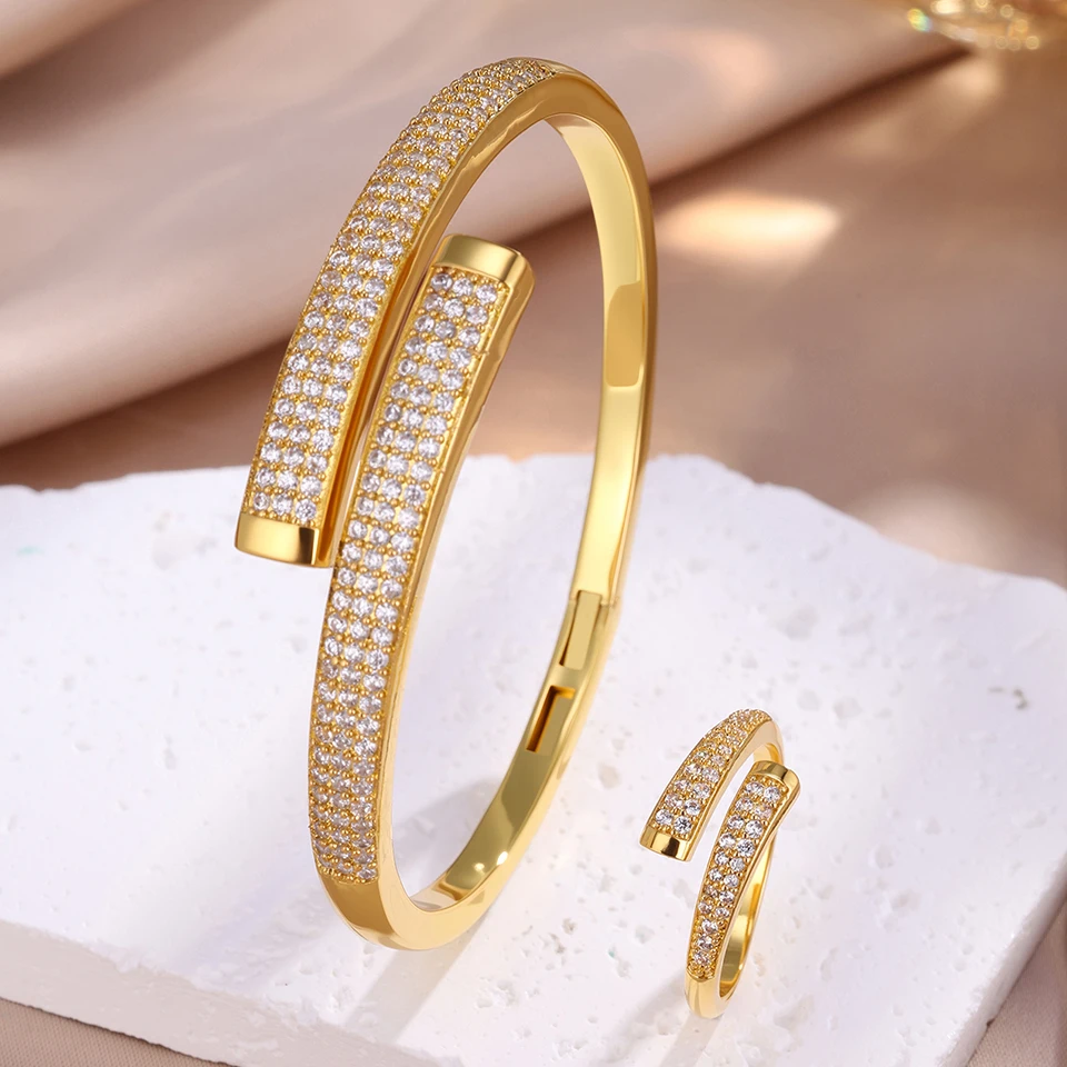 Yupsk Neues luxuriöses, elegantes, silberfarbenes, goldfarbenes Kupfer-Armband-Ring-Set für Frauen, funkelnder, brillanter Zirkon-Schmuckzubehör – Detail 2
