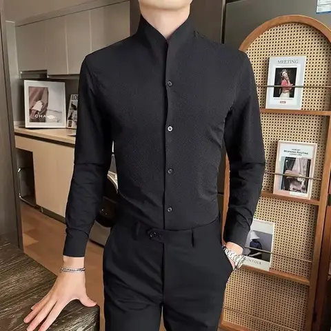 Stand Collar Long Sleeve Shirt Men's Spring Inner Wear New Chinese Style