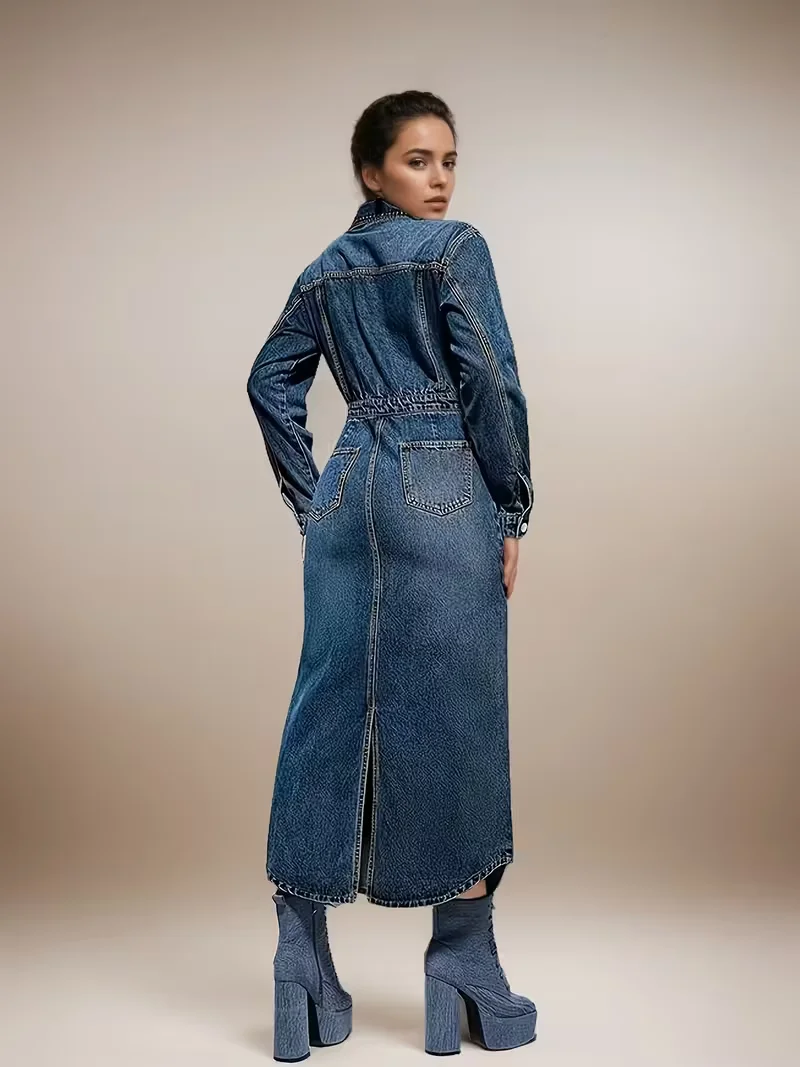 

Женское джинсовое платье с длинными рукавами, воротником и разрезом сзади — прочное длинное платье на пуговицах спереди и прямого кроя (без талии) —