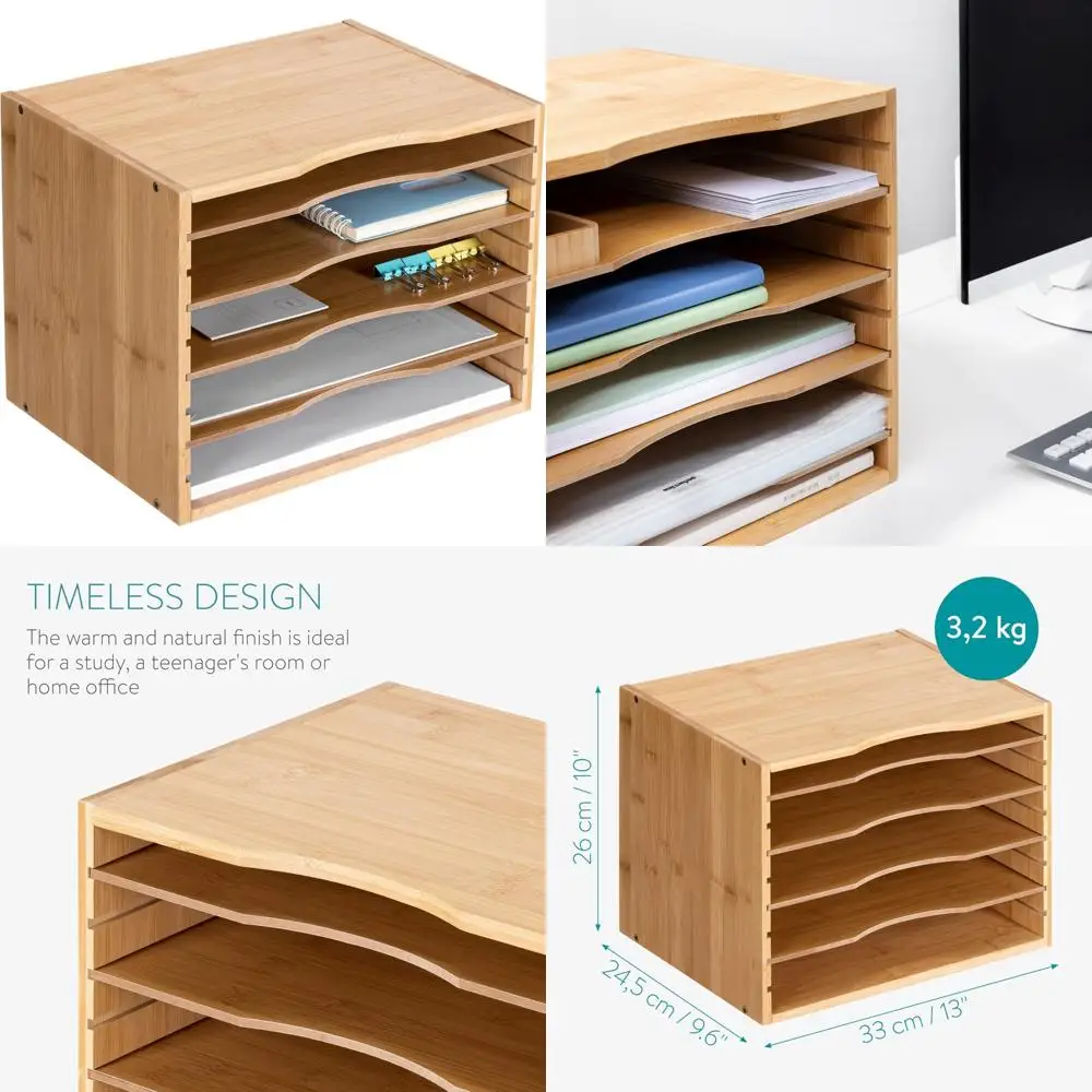 navaris Organizador de archivos de escritorio de bambú - Bandeja de papel para guardar cartas con 4 estantes ajustables - Bandejas para caja de escritorio - 13" de ancho x 9,6"
