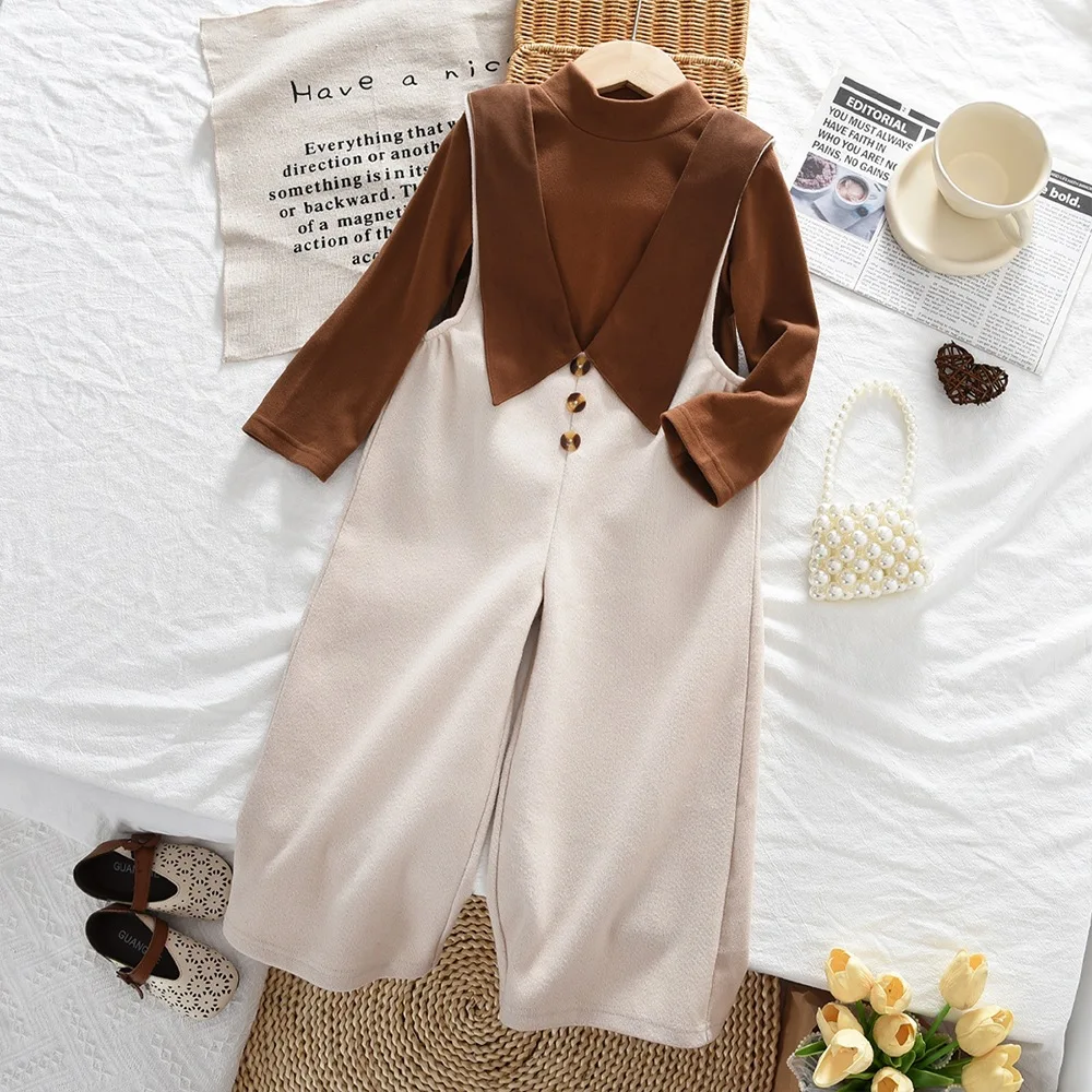 

Весенне-осенний стильный комплект для девочек: однотонная водолазка + брюки на подтяжках, школьный костюм из 2 предметов для детей 2-10 лет