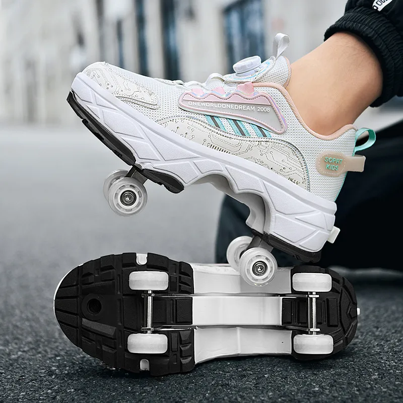 4 Wheels Roller Skates Shoes Deform Quad Skate 2 in 1 Kids Casual Deformation Parkour Runaway Sneakers Unisex Footwear Gift 2023