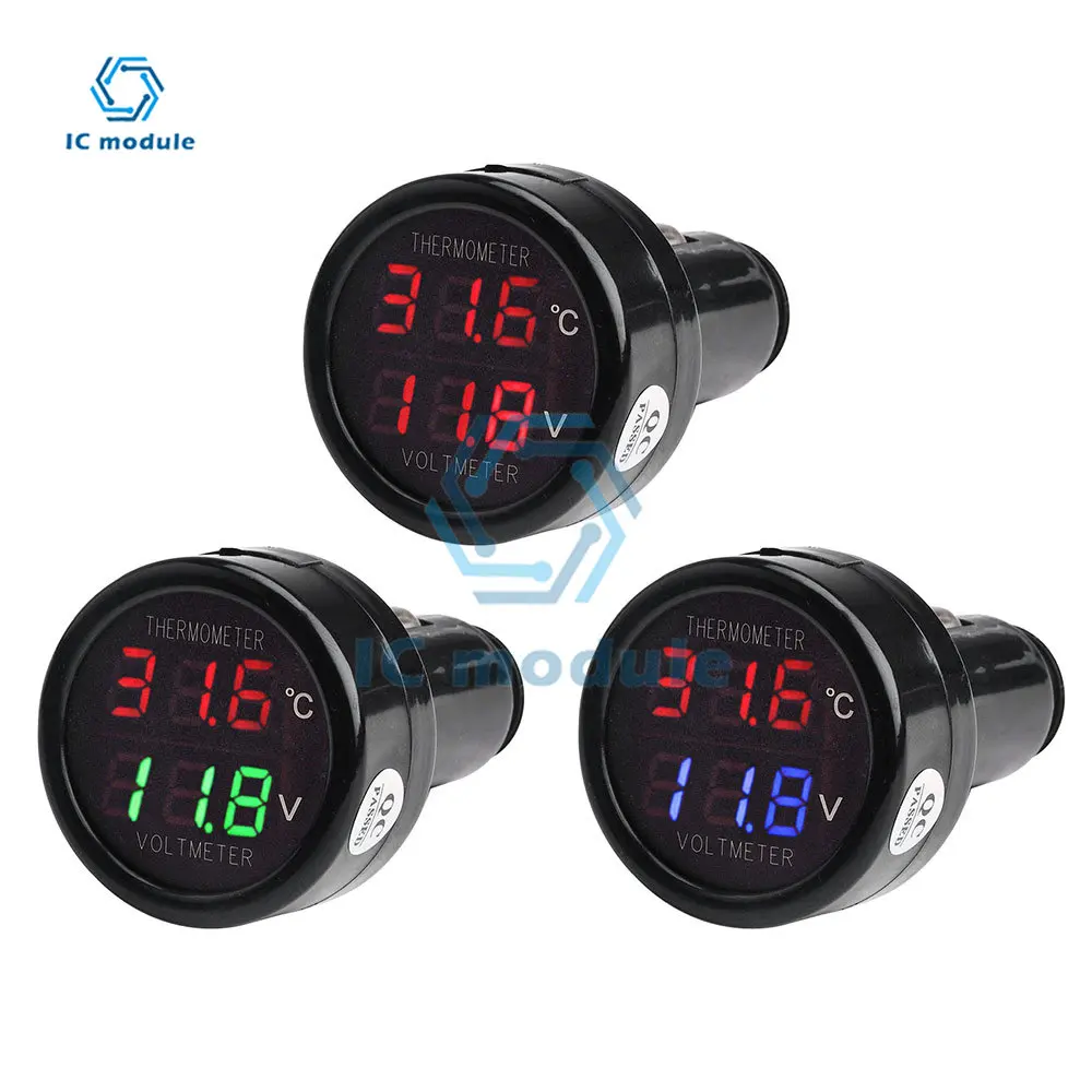 DC8-36V Digital Car Voltmeter Thermometer Cigarette Lighter Style 2 In 1 Dual Display Battery Monitor Voltage Temperature Meter