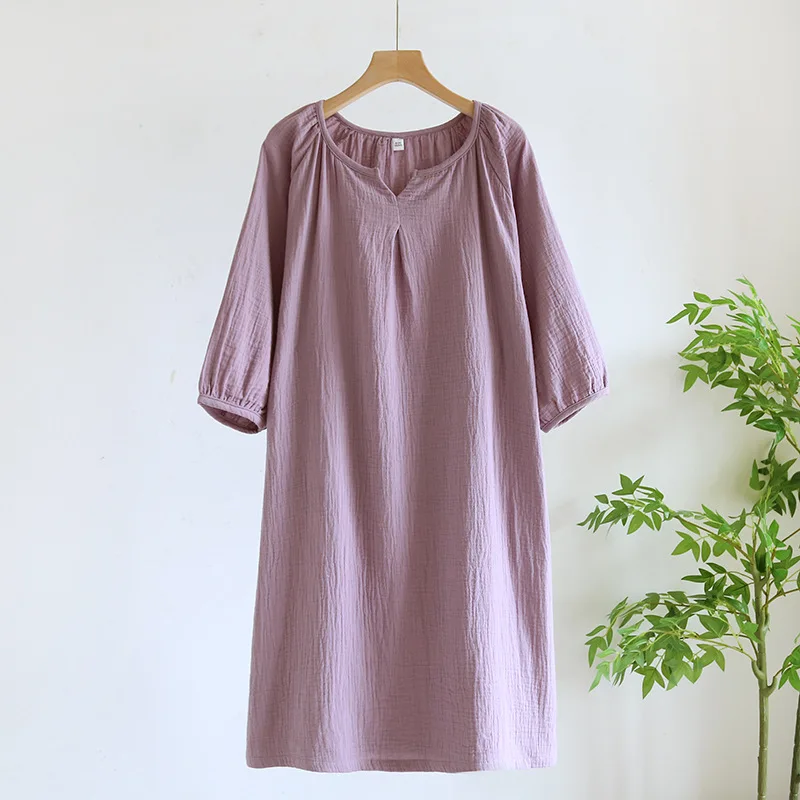 Women's Long Skirt Solid Color Crepe Nightdress Cotton Home Dress sleepwear 4