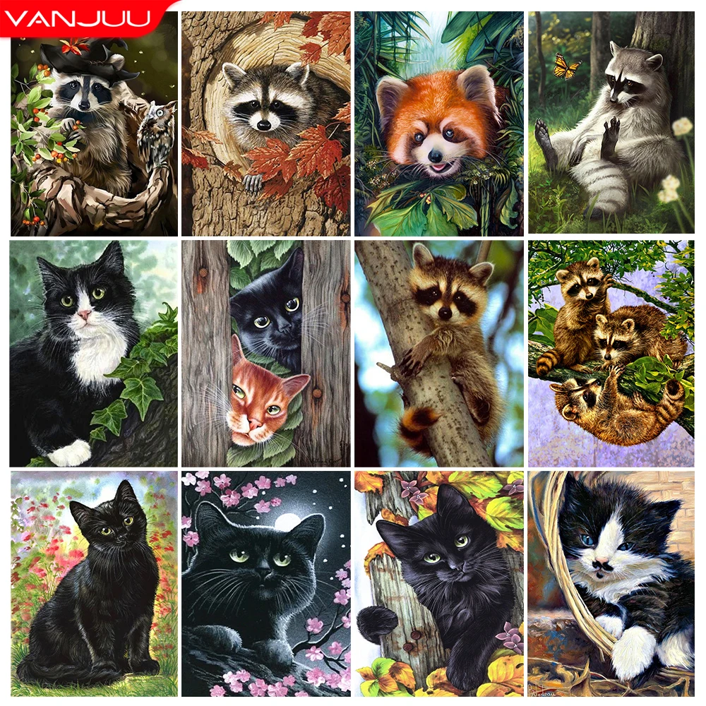 Cute Little Raccoon Diamond Painting Cat 5D Full Square/Round Diamond Cross Stitch Kit Animal Diamond Art Mosaic Home Decor Gift