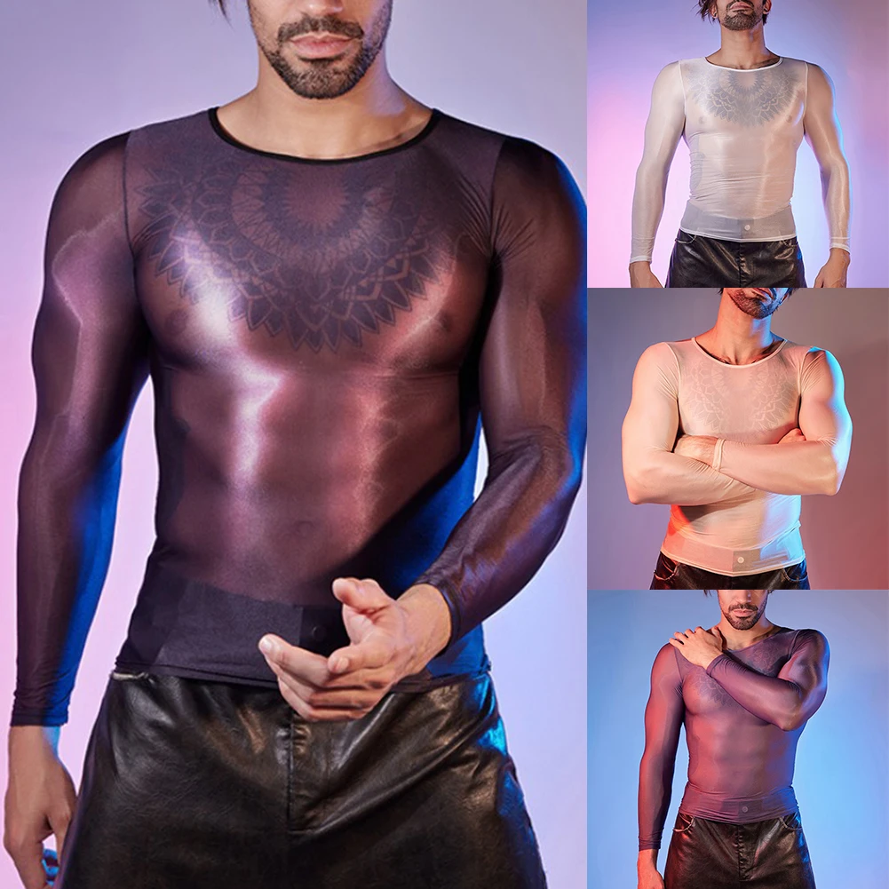 For Autumn For Male O Neck Tights Sheer Shirts Nightwear Sleepwear High Stretch Nightwear Regular Length See Through