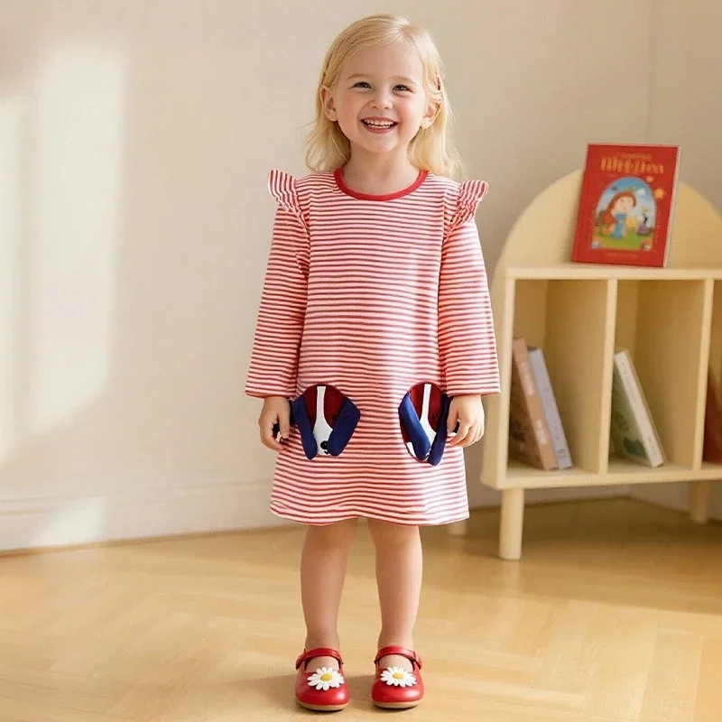 Kid Girl Adorable Long Sleeve Dress Red White Stripes Ruffled Unique Dog Pattern Pocket Designs Children Casual Skirt Autumn