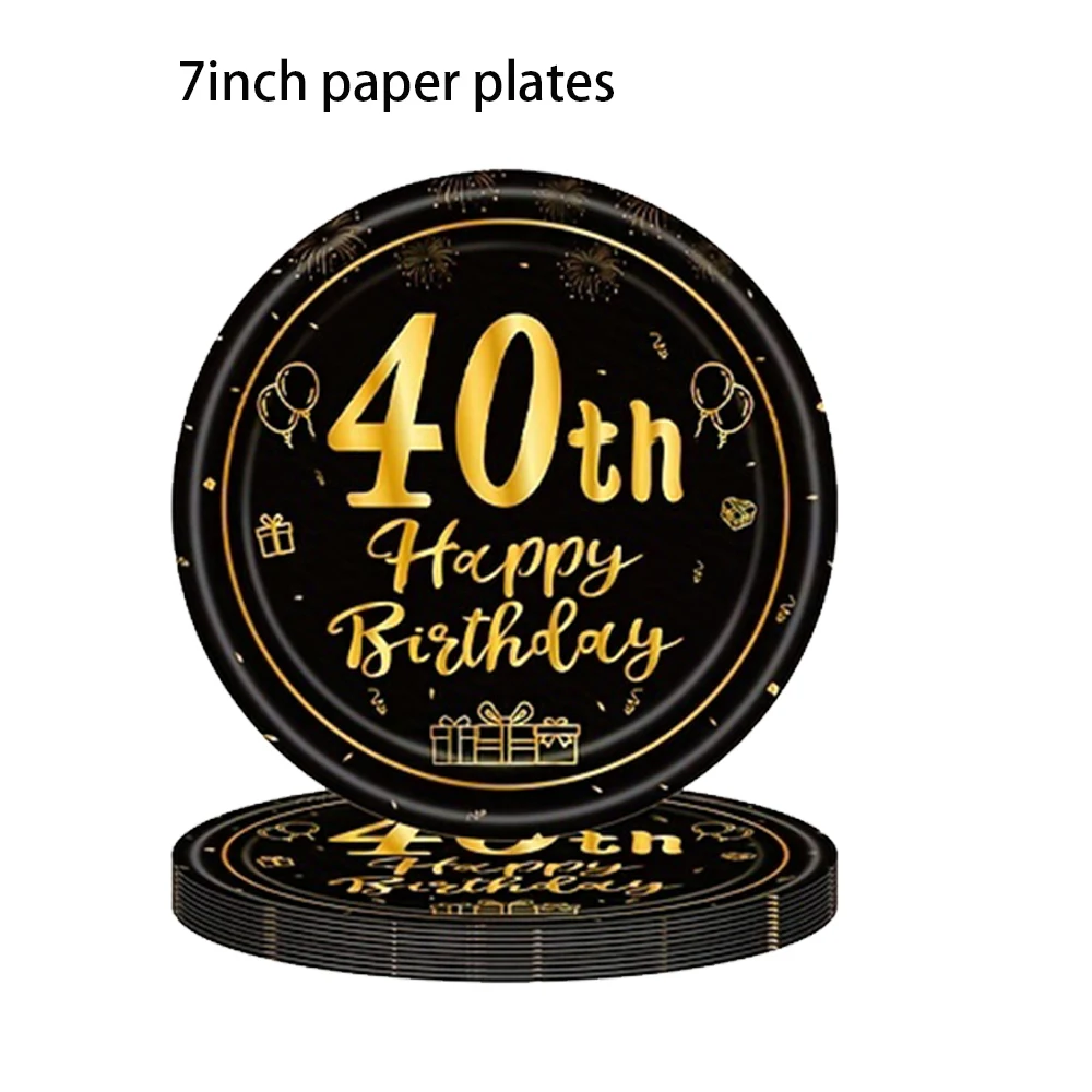 8/40pcs 7inch and 9inch Black and Gold Happy Birthday Disposable Paper Plates Birthday Party Decor Supplies Dessert/Salad Plates
