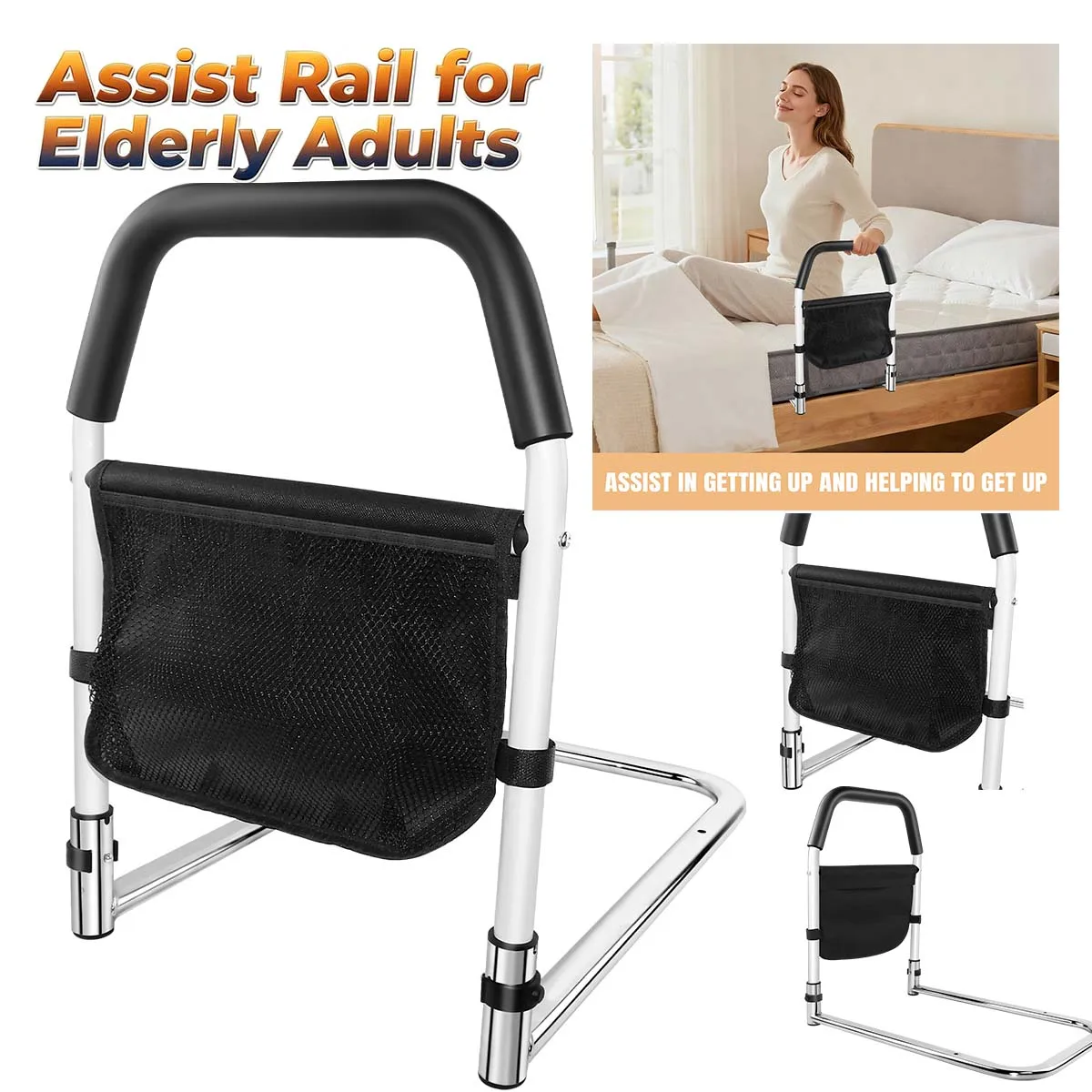Rail d'assistance pour lit double, queen, king, twin, moyen, pour personnes âgées, installation facile avec poche de rangement