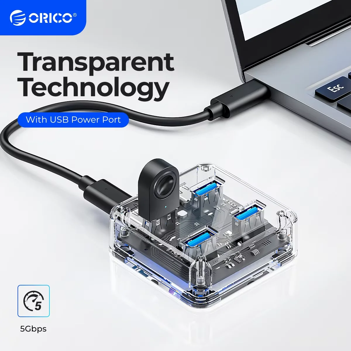 ORICO USB 3.0 Hub With Power Supply 4 Port Transparent Expansion Interface OTG Dapter Type C Hub PC Computer Dcoking Stantiom