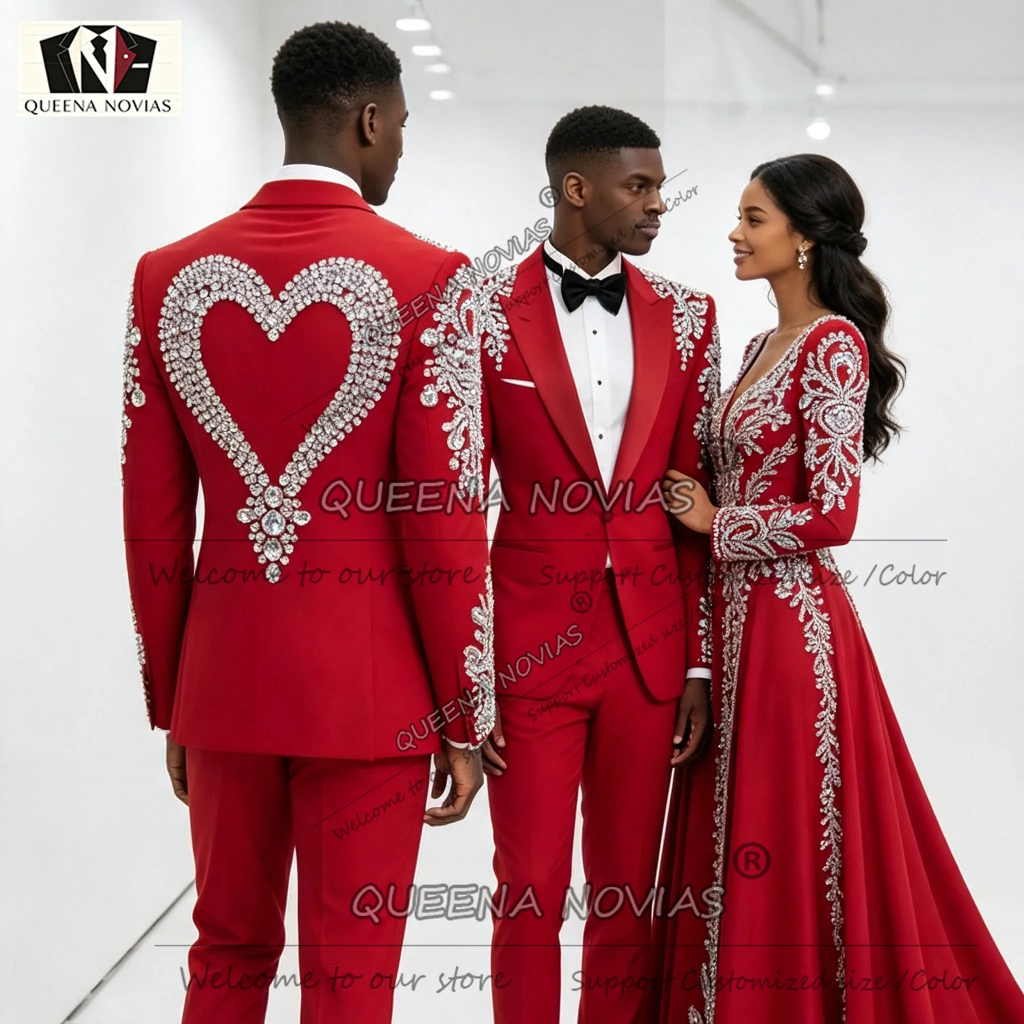 Exclusive Red Suits Men For Wedding Sparkly Diamond Beaded Jacket Pants 2 Piece Sets Groom Tuxedo Slim Fit Male Fashion Clothing