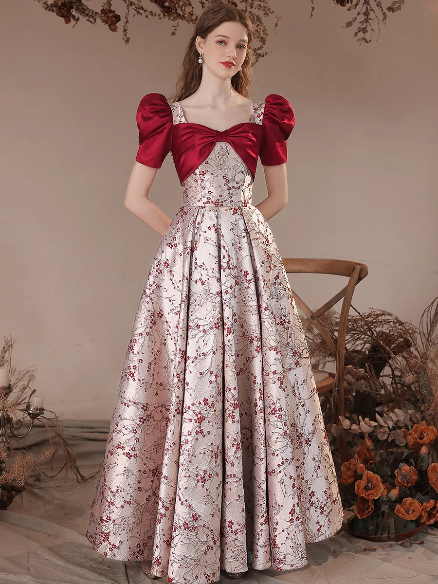 

Burgundy Satin Bridesmaid Dress A-Line Puff Sleeve Square Collar Jacquard Print Women Formal Occasion Party Evening Wedding Gown