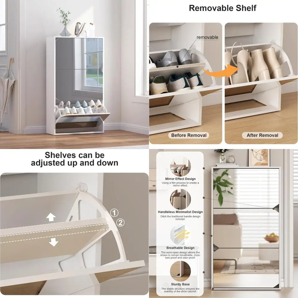 

Large Capacity Wooden Shoe Cabinet with 3 Flip Drawers and Mirror for Entryway Storage Organizer Foyer Appliance