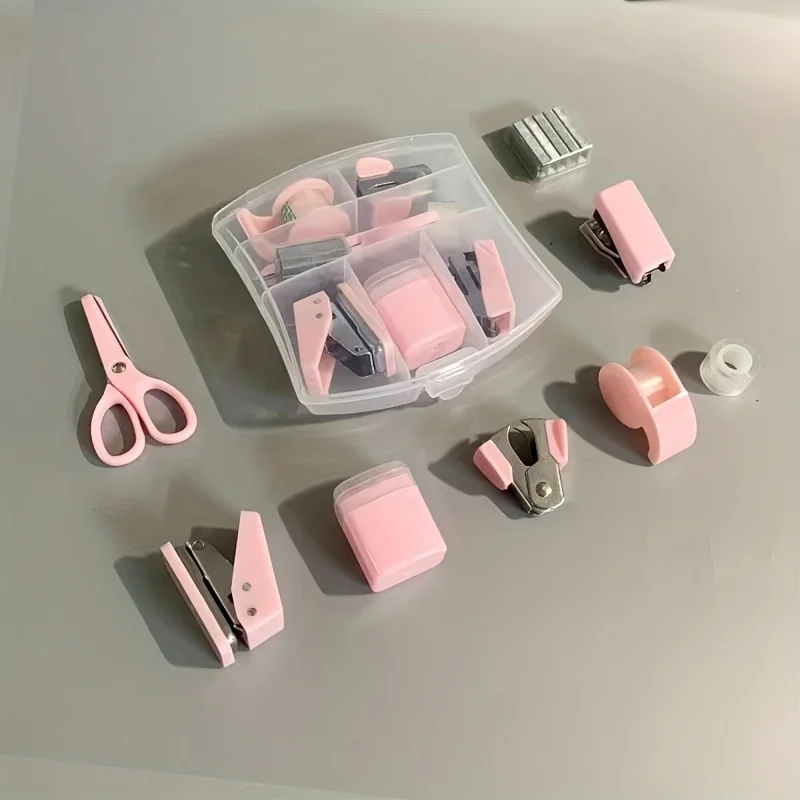 conjunto-de-8-pecas-caixa-de-material-de-escritorio-portatil-incluindo-furador-grampeador-suporte-para-fita-adesiva-fita-pequena-porta-lapis-tesoura-e-500-grampos
