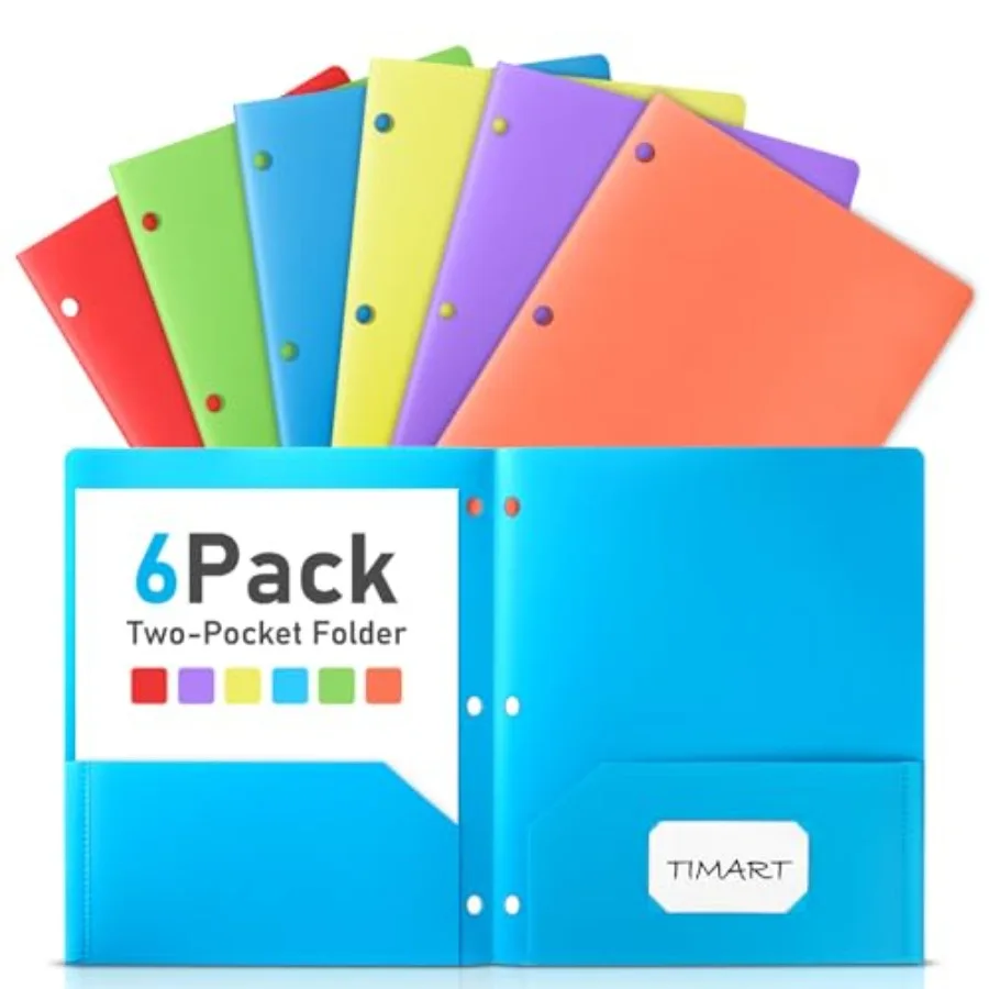 

Folders with Pockets 3 Hole Punched-6 Pack, 2 Pocket Heavy Duty Plastic Pocket Folders for 3 Ring Binder, Fit Letter Size File