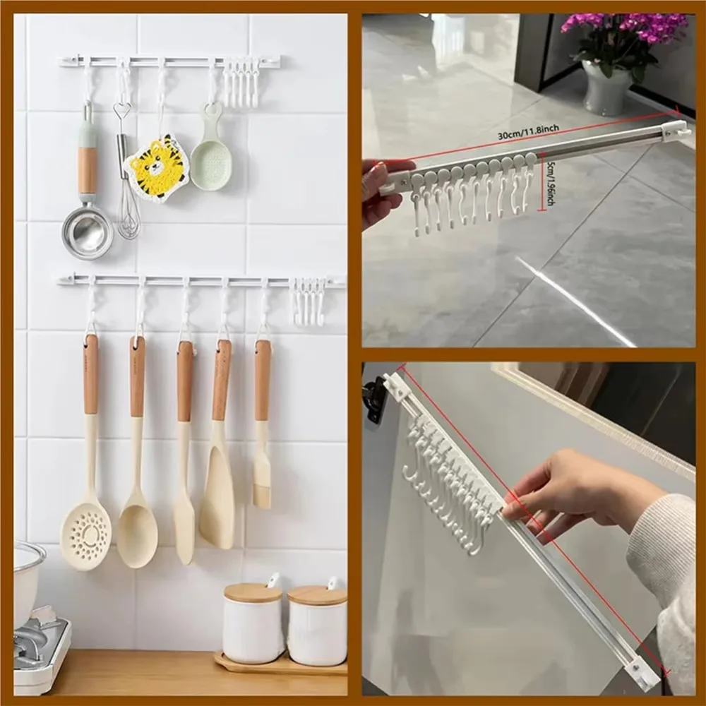 S-Shaped Hook Keychain Display Stand Space Saving Punch-Free Storage Rack Self-Adhesive Sliding Track Hook Kitchen Cabinet Door