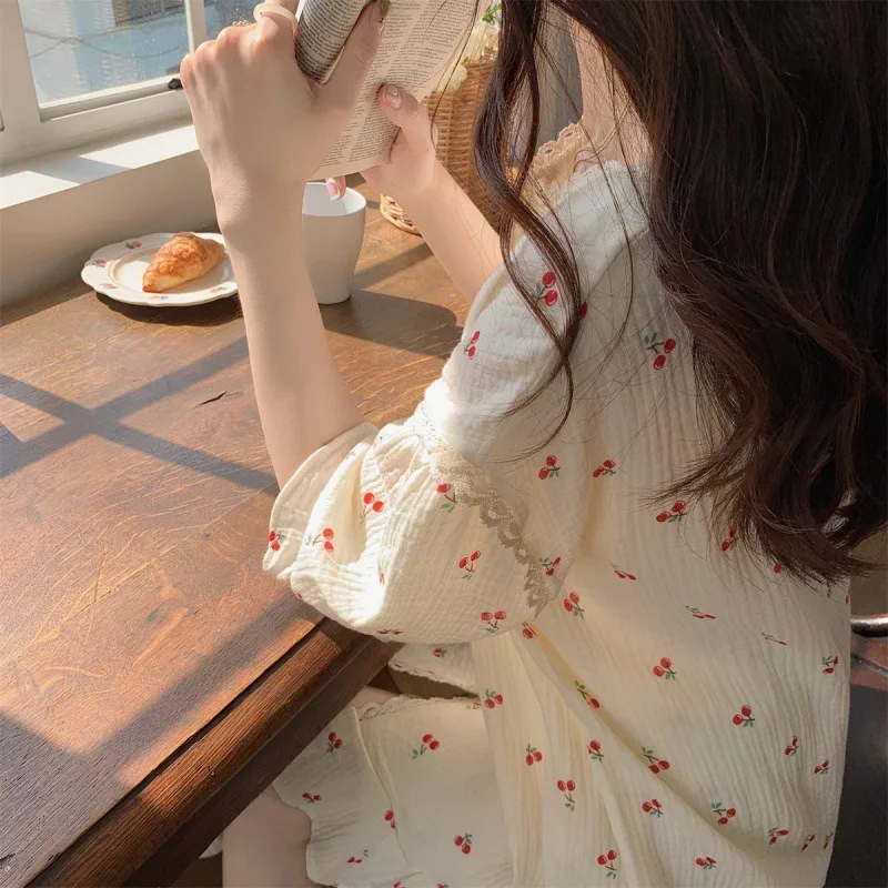 Femmes pyjamas ensemble été doux imprimé cerise adolescent à manches courtes vêtements de nuit étudiant vêtements de détente 2 pièces ensemble coréen japon vêtements de nuit