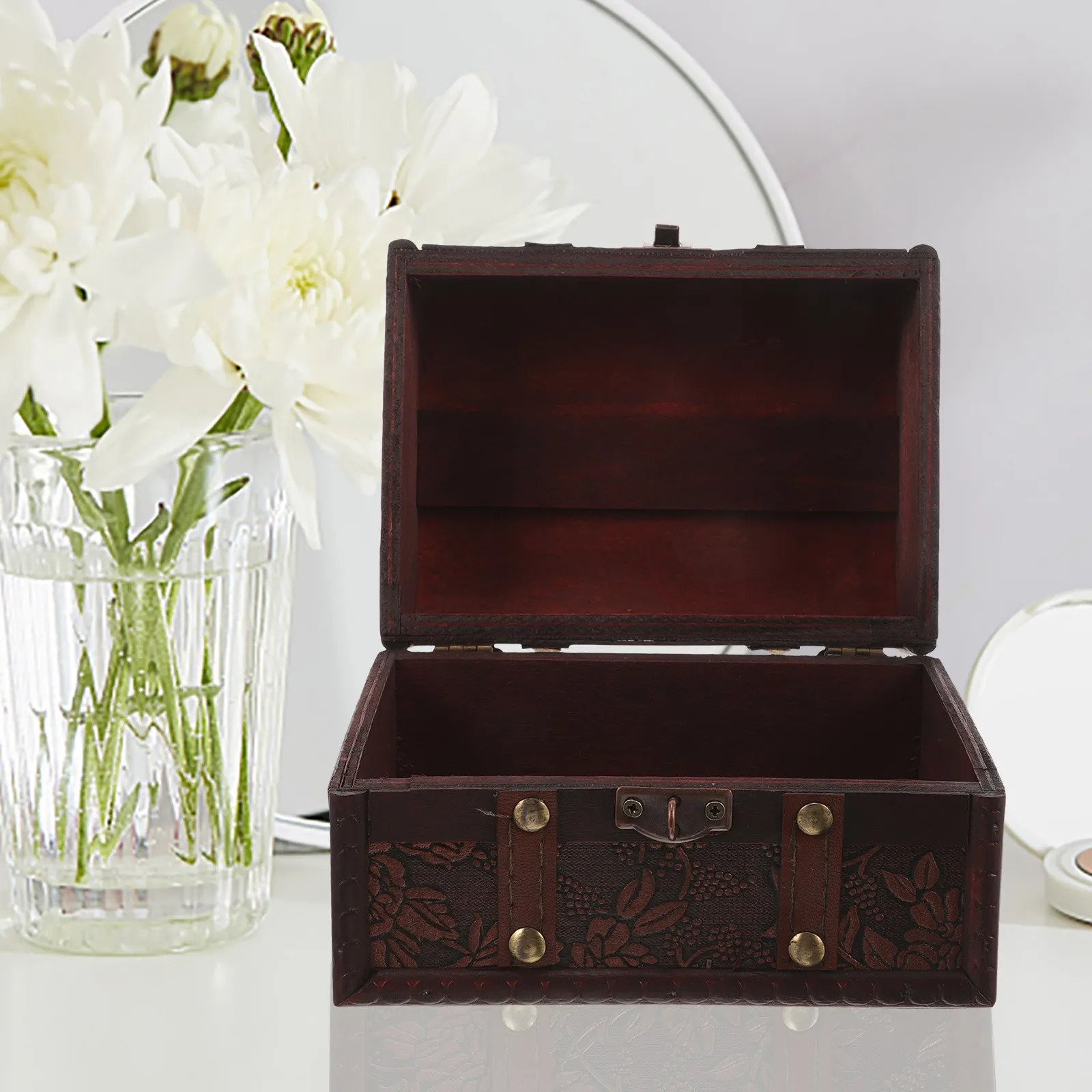 

Vintage Wooden Keepsake Box Jewelry Storage Case with Lid for Trinkets Rings and Necklaces Retro Craft Display Box