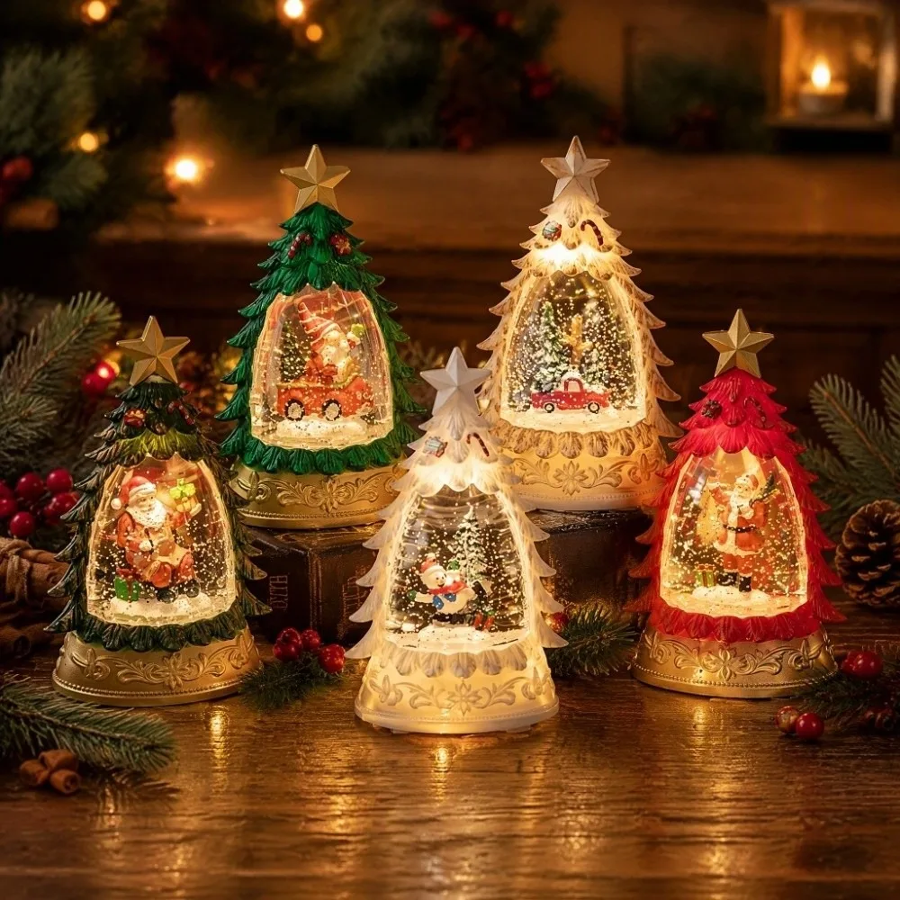 Christmas Tree Shape Christmas Snow Globe Floating Snowflakes Desktop Ornament Lighted Water Lantern Lighted Handicrafts