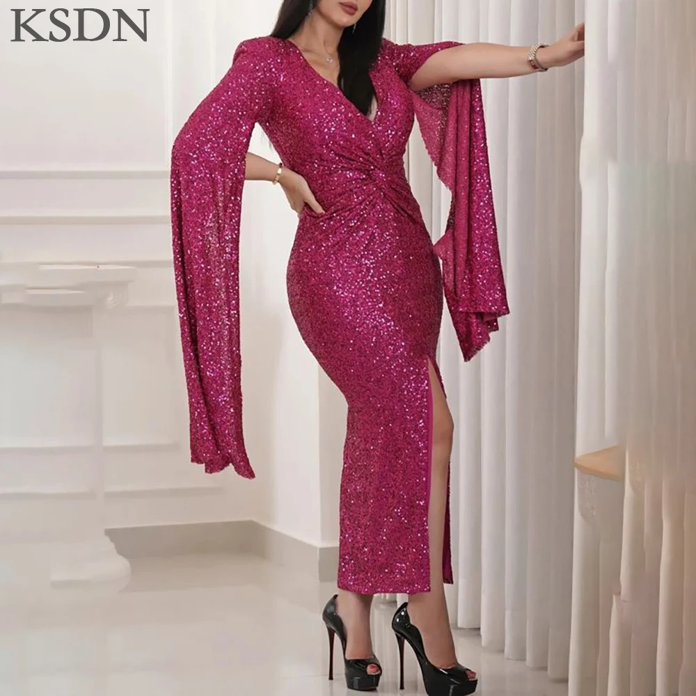 Gaun Malam Berkilau KSDN Gaun Sweetheart Panjang Teh Lengan Panjang Model Cap Fashion Gaun Wanita Seksi untuk Acara Spesial Vestidos