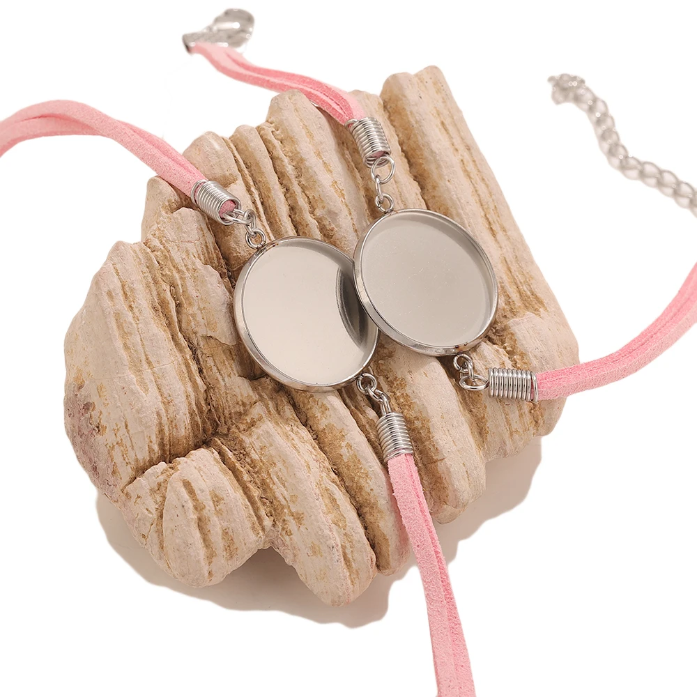 2 Pcs Pink Korean Velvet Rope Round 20mm Base Bracelets DIY Jewelry Making Bangle Blanks with Adjustable Chain Bulk Wholesale