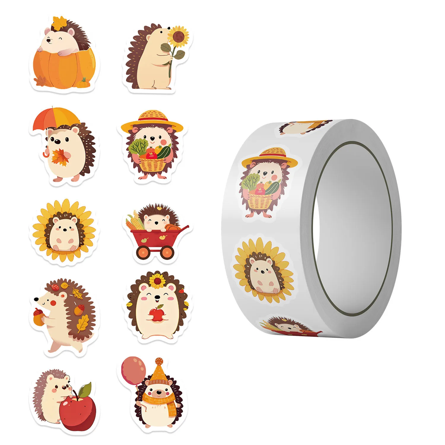 500Pcs Cute Hedgehog Stickers Roll, 10 Patterns Autumn Animal Stickers for Kids, Kawaii Woodland Creatures Decals Party Favors