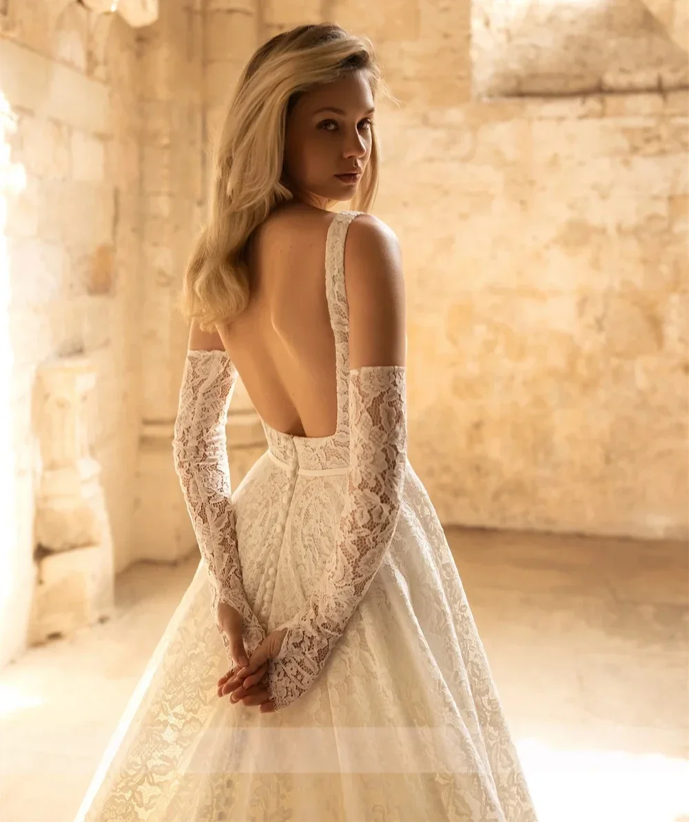 Robe de mariée princesse plissée en dentelle, élégante, col carré, bretelles, ligne a, dos nu, traîne Court, robe de soirée de mariage