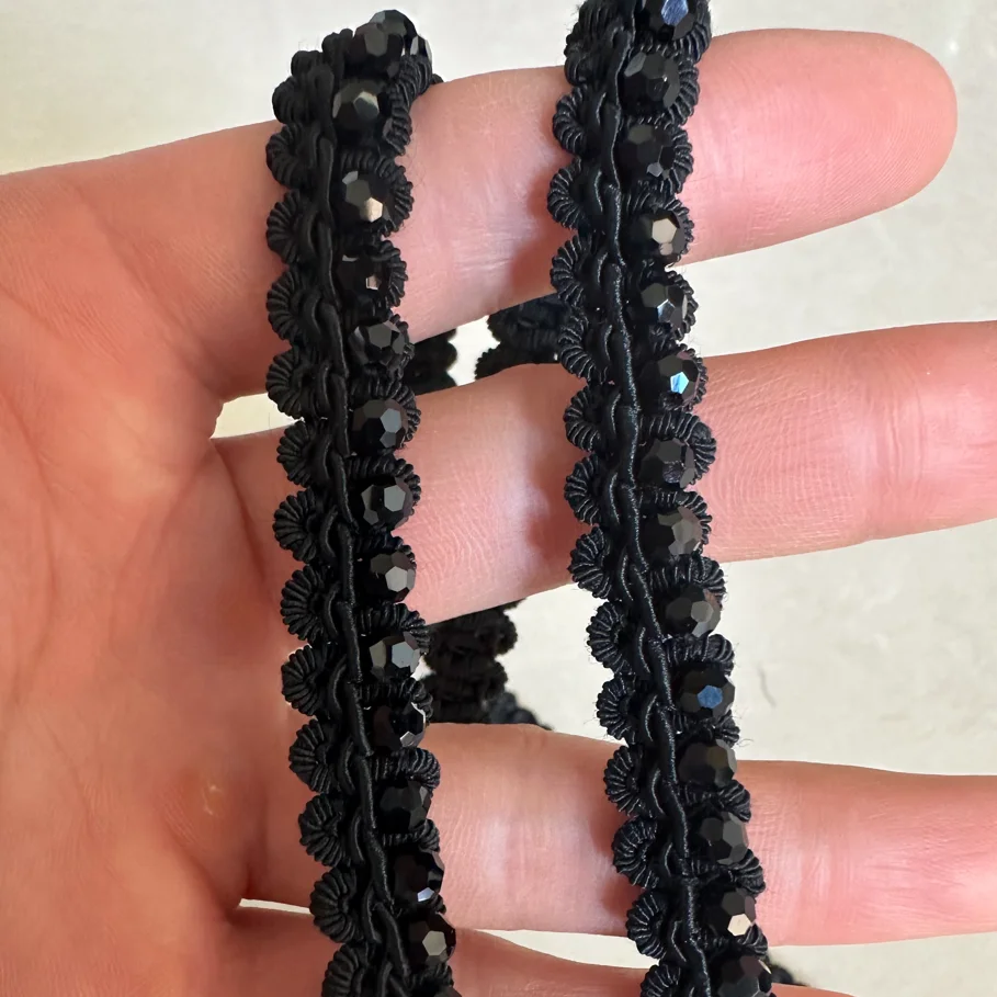 Cinta de encaje negro hecha a mano de 90 cm con borde de encaje y cuentas, cinta de tela para vestido, cinturón, fajín, aplique nupcial, costura, cristal trenzado