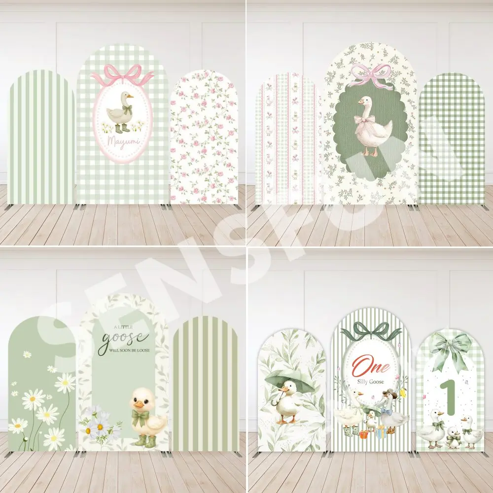 Green Grid Stripes Goose Theme Arch Backdrop Cover Cute Pastel Scene For Kids Birthday Baby Shower Photo Booth Decor Background