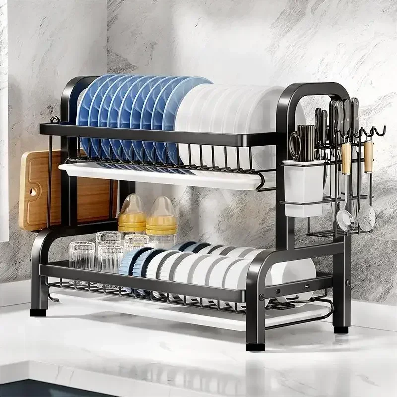 2025NEW Dish Drying Rack 2-Tier Compact Kitchen Dish Rack Drainboard Set Large Rust-Proof Dish Drainer with Utensil Holder