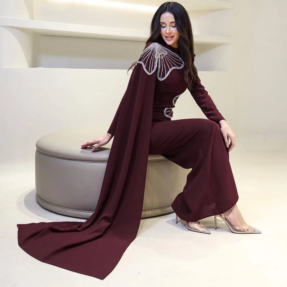

Customized Straight Prom Dresses Ankle-Length High-Neck Full Sleeve Evening Gown Fashion Sequined Stole Simple Draped Party Gown
